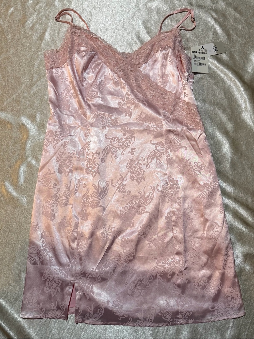 BP. Pink Chalk Lace Trim Jacquard Satin Mini Slip Dress Size XS NWT